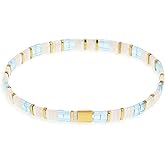 Agriajun Tila Flat Beaded Stretch Bracelets for Women, Trendy Unique Handmade Stackable Pink Square Beads Miyuk Link Bracelet Summer Jewelry Gift