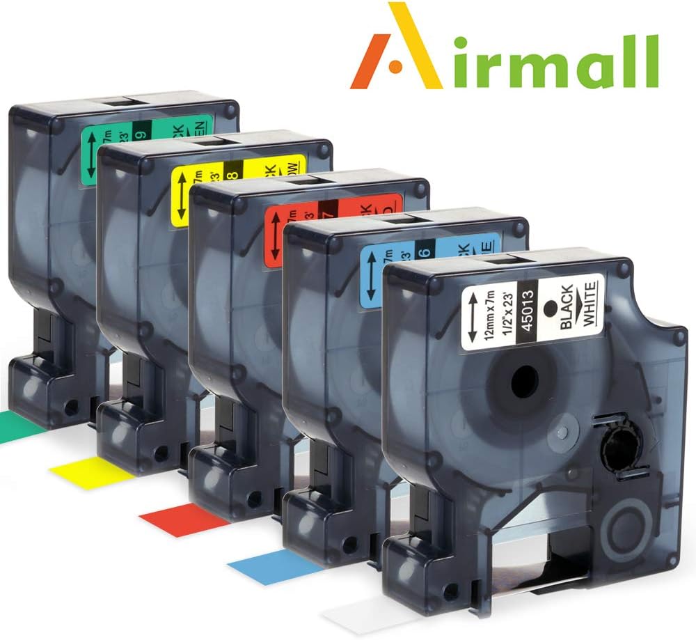 Airmall Compatible Label Tape Replacement for DYMO D1 Label Tape 45013 45016 45017 45018 45019 Black on White/Blue/Red/Yellow/Green Labeling Tape, Work for 160 210D 260P 280 PnP (12mm x 7m, 5-Pack)
