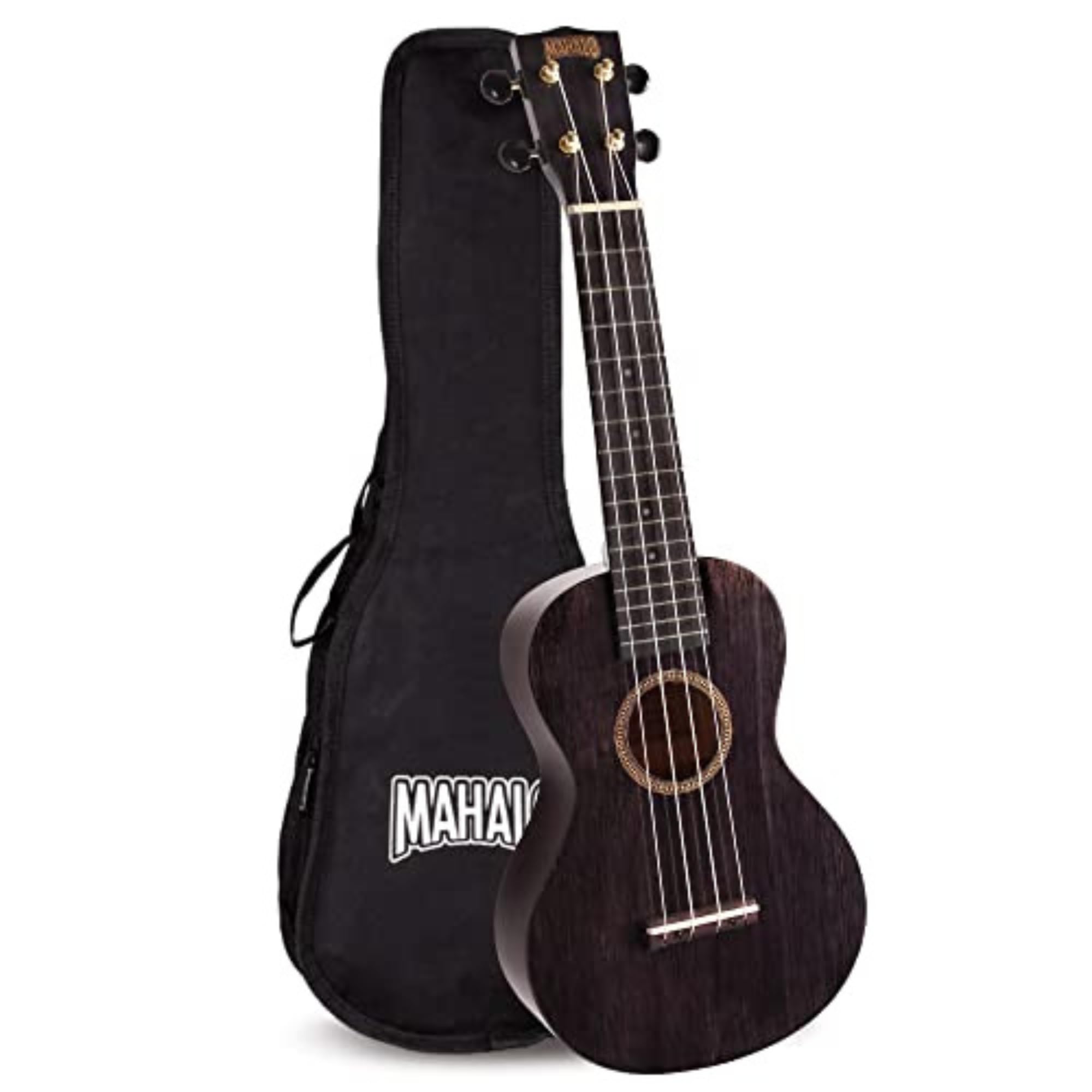 Mahalo Hano Concert Ukulele, Wooden Musical String Instrument with Geared Machine Head & Instrument Case, Beginners Ukulele Concert Kit for Adults, Transparent Black