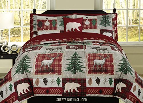 Bear Lodge Deer Elk Rustic Cabin King Comforter 4 Piece Bedding Set Embroidered Pillow