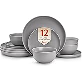 Sweese Dinnerware Sets,12 Pieces Porcelain Round Plates and Bowls Sets, Dishes Set for 4, Chip Scratch Dishwasher Microwave and Oven Safe Dishware Sets, Grey