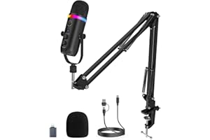 ZealSound Podcast Microphone for PC/Mac/iPhone – USB Studio Mic with Noise Cancellation, RGB Lighting, Mute, Gain, Monitoring