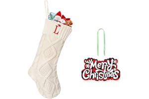 CRSTAFU L Personalized Christmas Stockings, 20 Inch Large Family Embroidered Initials White Knitted Xmas Stocking
