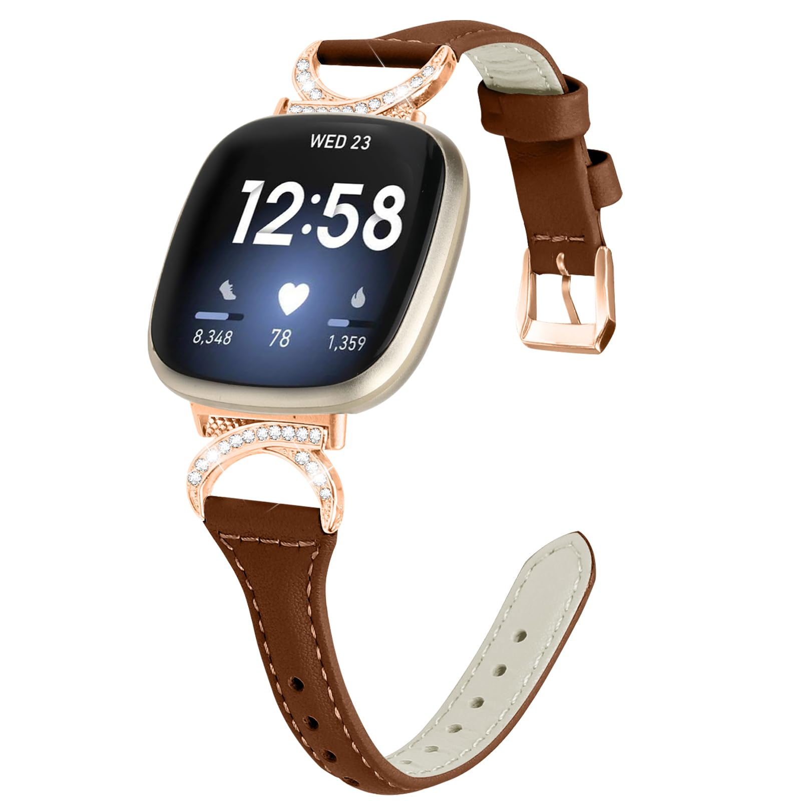 PaceBid Leather Strap Compatible with Fitbit Versa 4/Versa 3, Women Men Adjustable Bling Premium Genuine Leather Slim Elegant Replacement Watch Bands for Fitbit Sense/Sense 2 - Brown