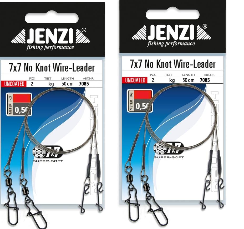 Set of 4 x 7 x 7 Super Soft Steel Leader with Swivel and Knotless Connector by Jenzi, 6, 9, 12, 15 & 20 kg, Length 50 cm + Petri Heil! Sticker (9 kg)