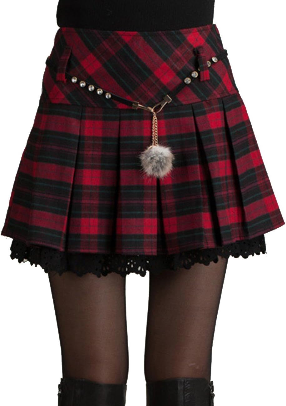 Women's Sexy A-line School Girl Style Plaid Pleated Woolen Skirt Elegant Winter Tartan Printed High Bond Stretch Lace Flounce Mini Dress with Beautiful Waist Chain Plus Size