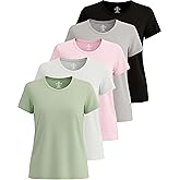 Real Essentials 5 Pack: Women's Short Sleeve T-Shirts Workout Tops Fitness Pilates Gym Activewear Athletic (Plus Available)