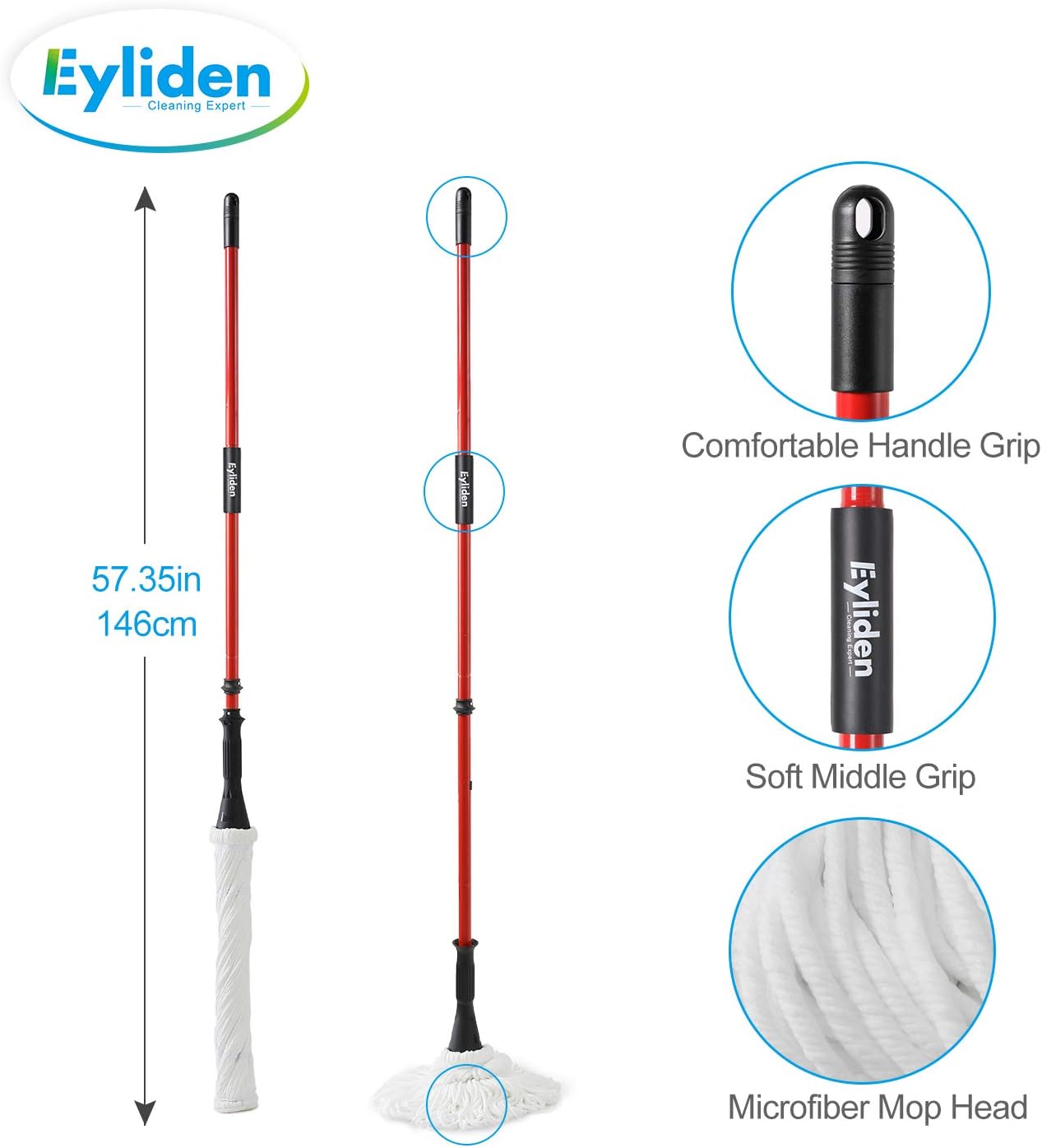 Eyliden Microfiber Twist Mop Silver 57.5 Inches Dust Mops Washing Mop Hand Release Floor Cleaning with 1 Removable Washable Heads Product and Packaging Upgrade (Red): Health & Personal Care