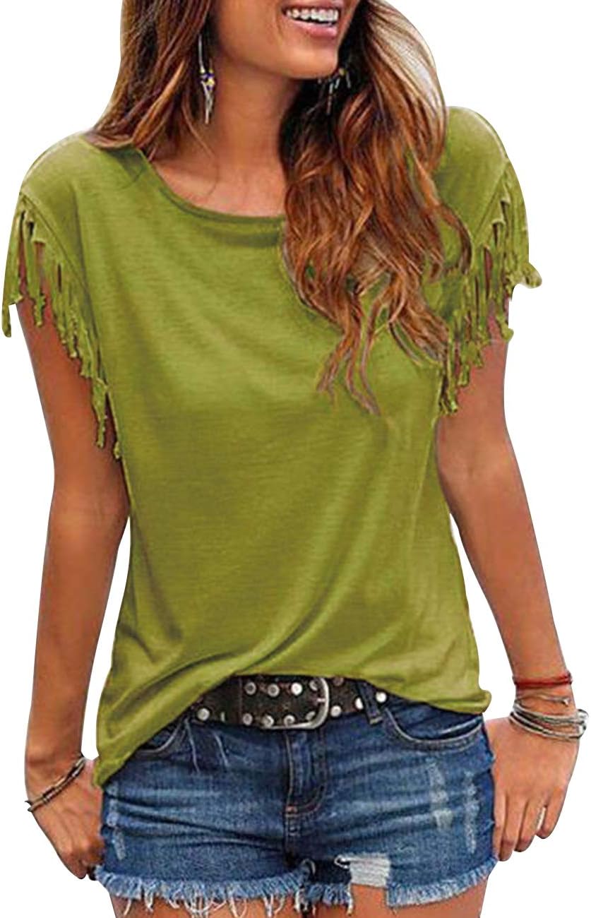 Kimiee Women's Casual Short Sleeve T Shirt Tassels Sleeves Blouse