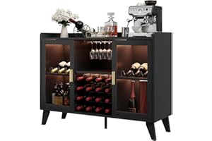 BouPower 47" Wine Cabinet with LED Light, Living Room Compact Wine Bottle Storage for Home, Wine Bar Cabinet with Glasses Rack, Cabinet with Storage for Home, Kitchen, and Living Room