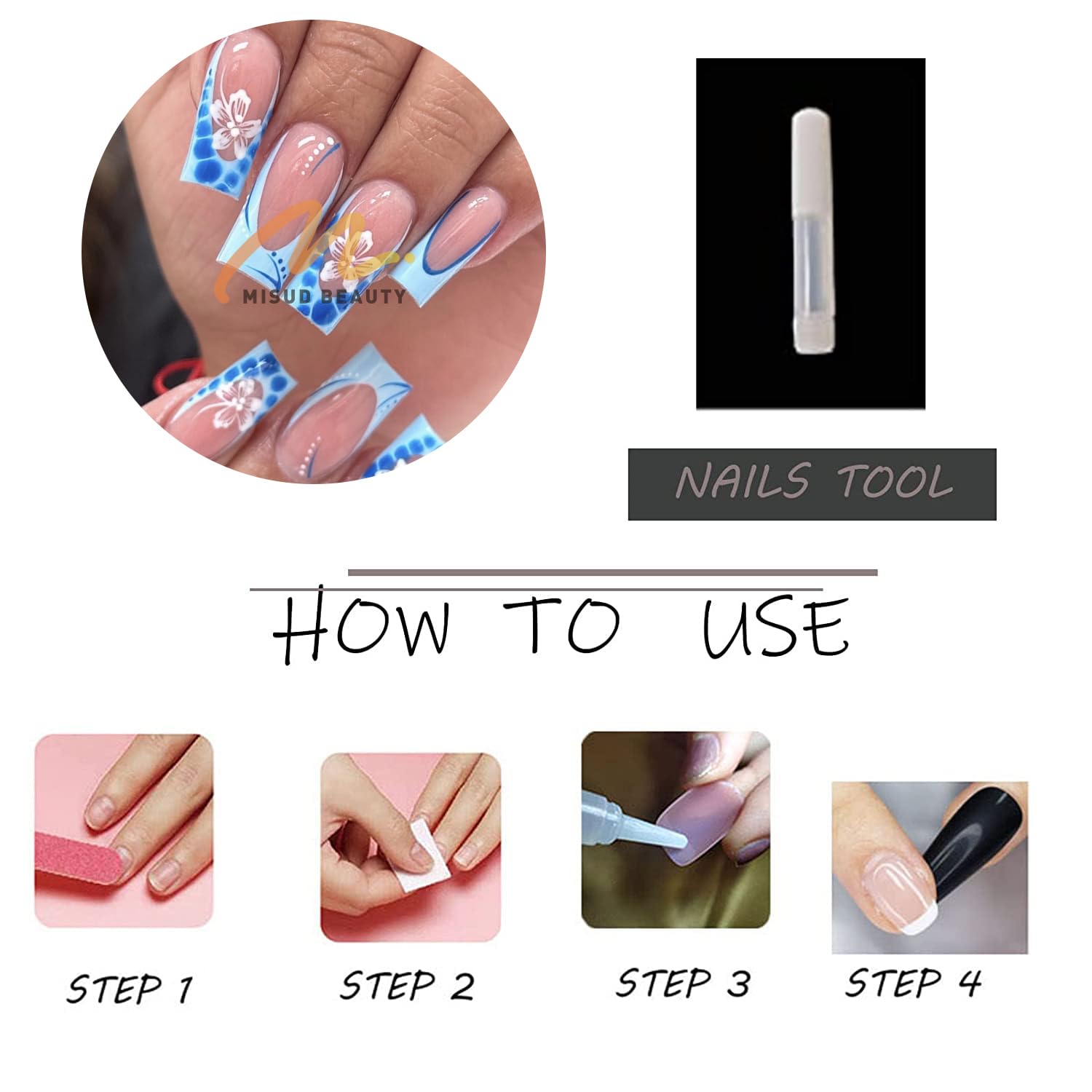 MISUD Press on Nails - Long Square Glue on Nails with Blue French Tip, Acrylic Squoval Artificial Summer Flower Design, 24 pcs - Image 6