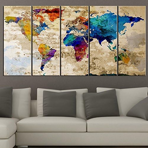 YEHO Art Gallery Painting World Map Canvas Print - Contemporary 5 Panel Colorful Abstract Rainbow Colors Large Wall Art (60x32 inches , framed)