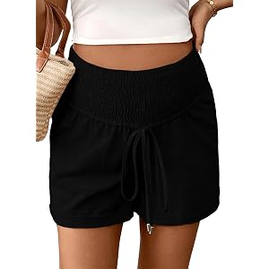 BLENCOT Women's Maternity Shorts Smocked Pregnancy Shorts Summer Outfits | Elastic High Waist,Drawstring,Side Pockets,Cuffed