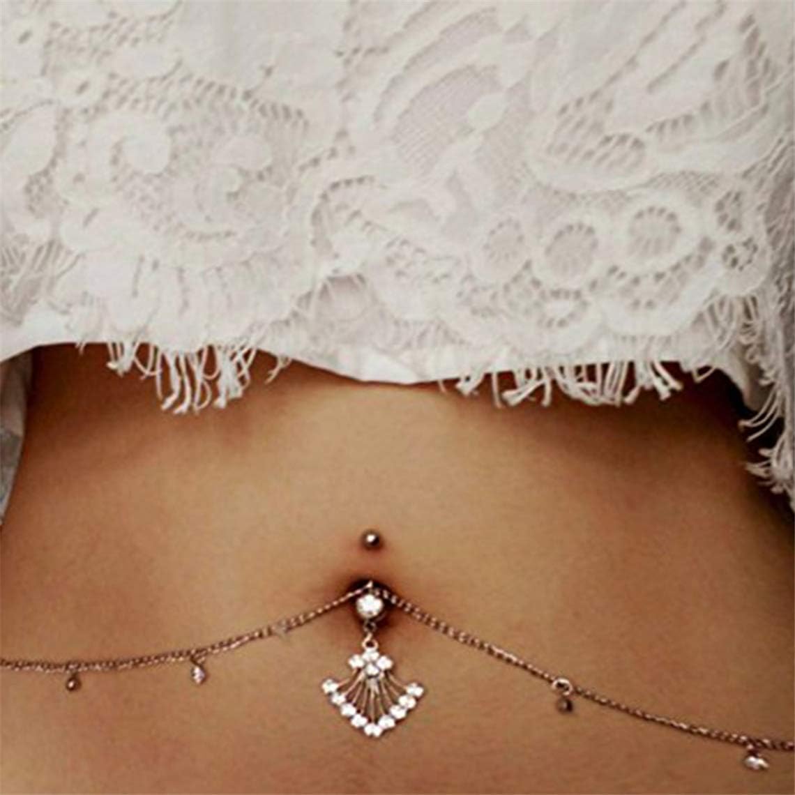 SOURBAN Rhinestone Dangle Belly Button Rings Navel Barbell Body Piercing Waist Chain,White