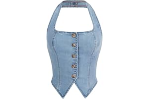 SHENHE Women's Denim Tops Y2K Halter Button Up Strapless Jean Vest Western Going Out Crop Top