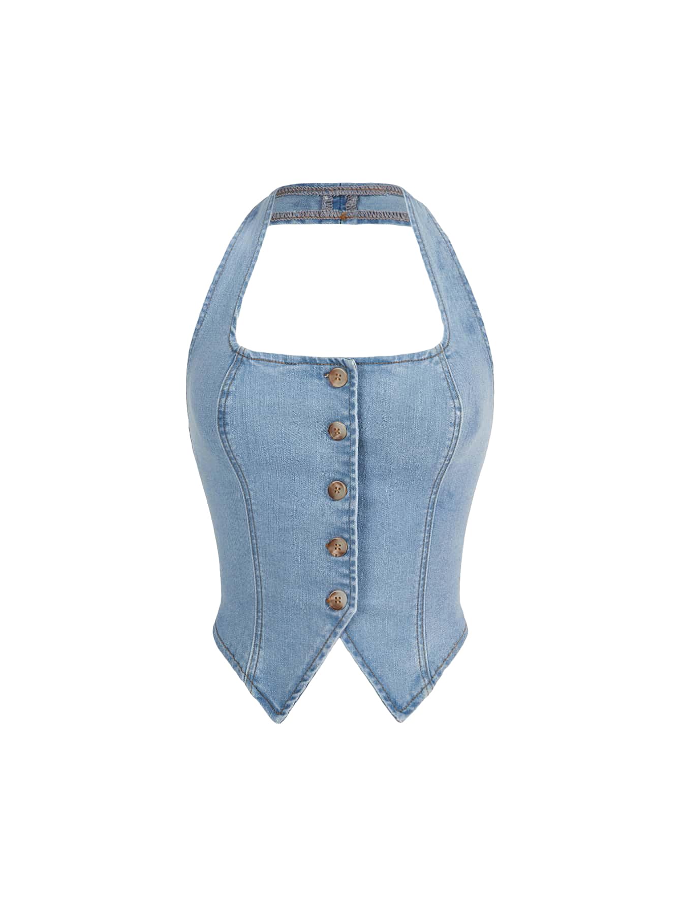 Photo 1 of SHENHE Women's Denim Tops Y2K Halter Button Up Strapless Jean Vest Western Going Out Crop Top Blue - M
