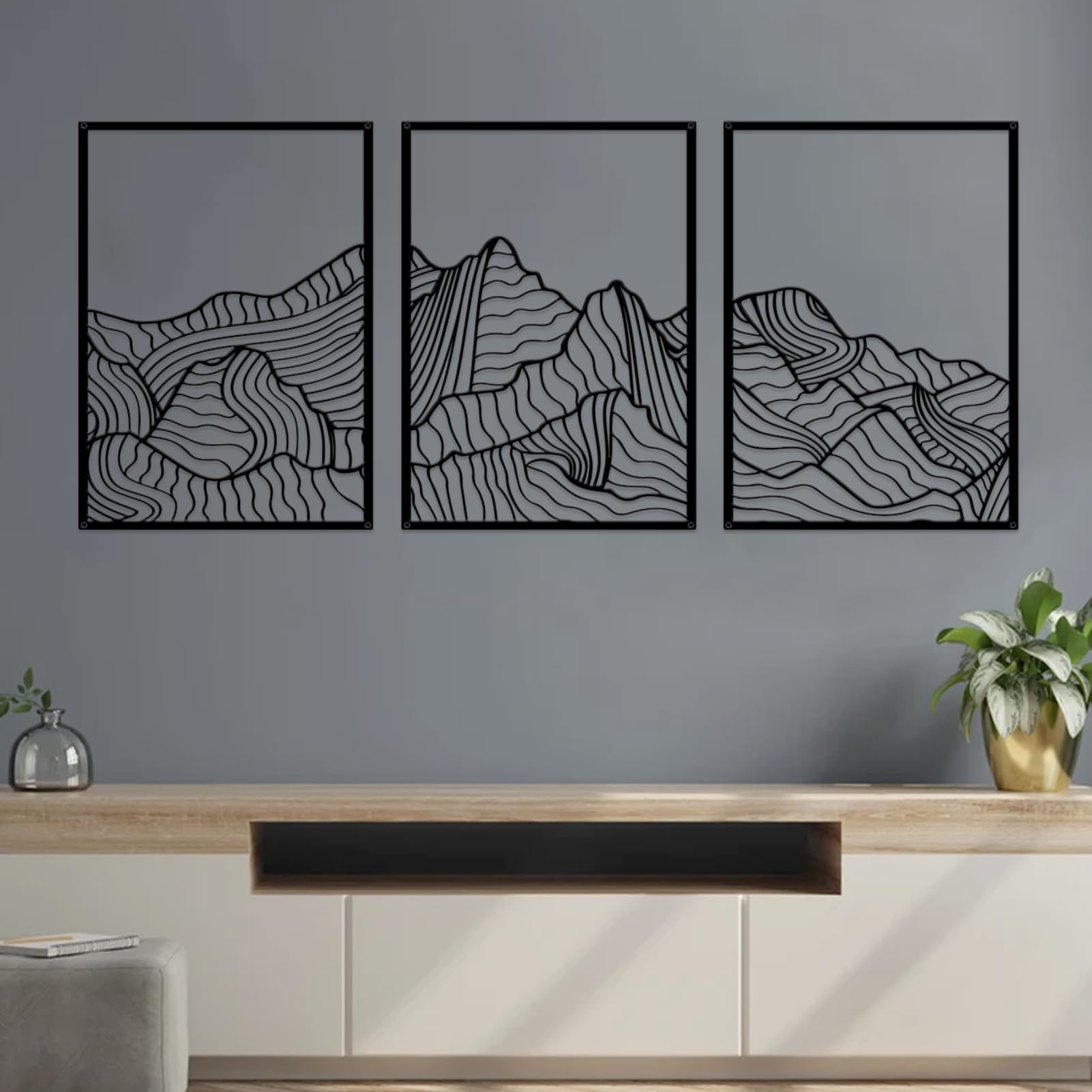 ruelen 3 Pcs Mountain Metal Wall Art Mountain Line Wall Decor Abstract Minimalist Wall Art Rustic Nature Wall Decor Hanging Sculpture for Home Bedroom Bathroom Living Room (Black)