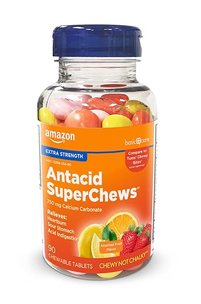 AMAZON BASIC CARE EXTRA STRENGTH ANTACID SUPERCHEWS CHEWABLE TABLETS, ASSORTED FRUIT, 90 COUNT (PREVIOUSLY SOUNDHEALTH) ORANGE, PINK, YELLOW