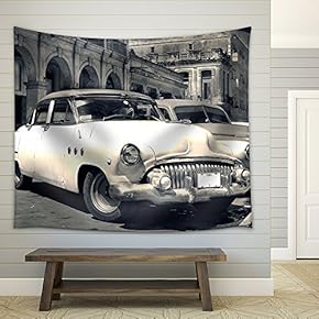 Panoramic View of Shabby Old Havana Street with Vintage Classic American Cars - Fabric Wall Tapestry Home Decor - 51x60 inches