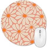 Orange Floral Round Mouse Pad, Daisy Flowers Mousepad, Abstract Computer Small Cute Mouse Pad, Washable Cloth Non-Slip Rubber Base Mouse Mat for Office, Aesthetic Modern Art
