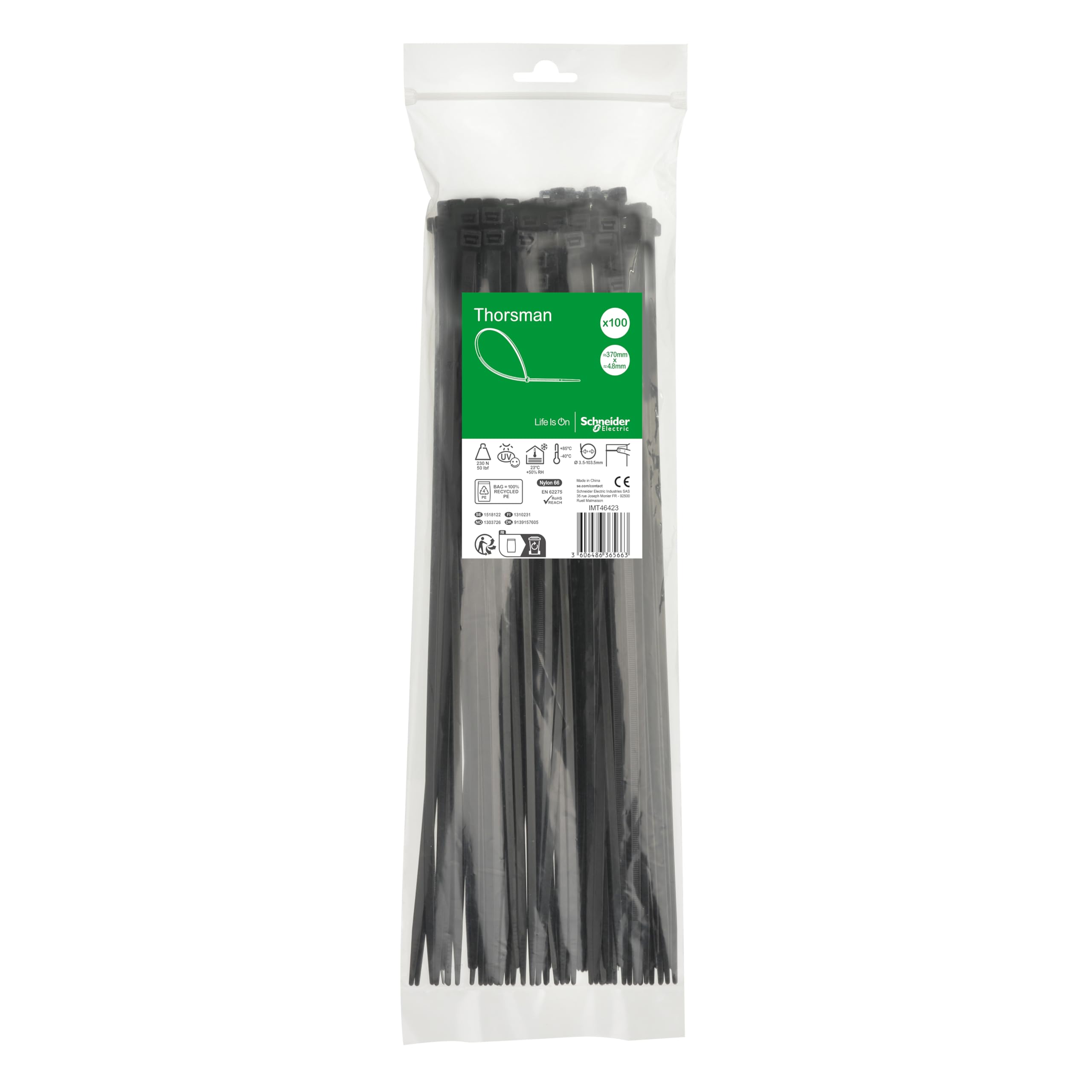 Schneider Electric Thorsman Cable Ties, Pack of 100, Made of Polyamide, 370 x 4.8 mm, Black, Various Sizes, Smooth Rounded Edges, Super Durable, Self-Locking Cable Ties for Cable Management