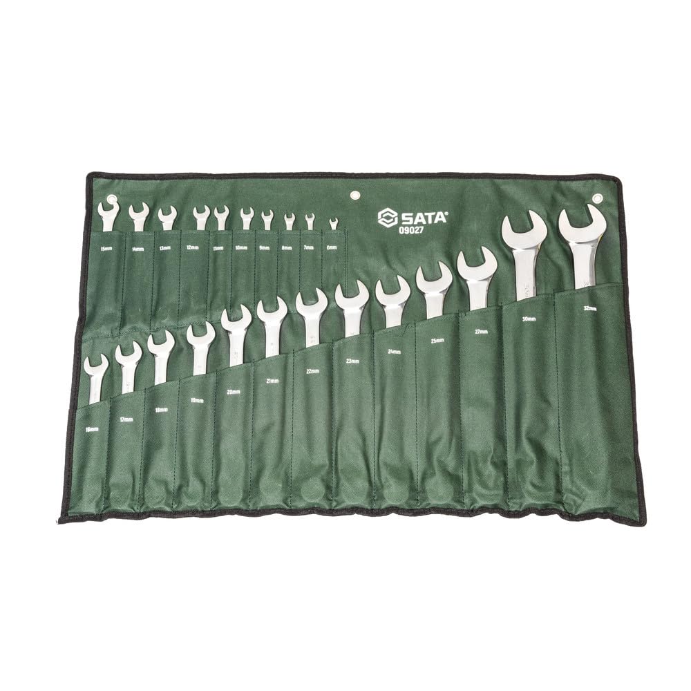 SATA ST09027SJ 23-Piece Metric Combination Wrench/Spanner Set, Polished, 6mm - 32mm, with Offset Box Ends and Durable Tool Roll