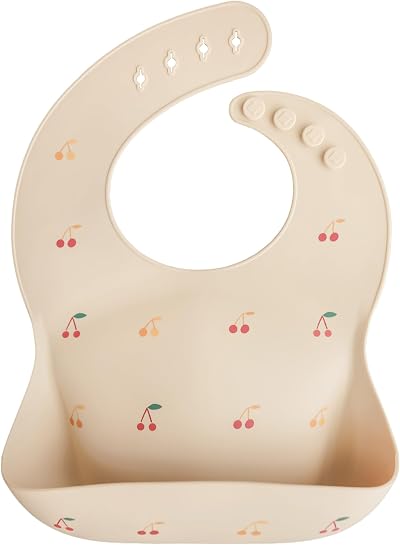 Mushie Baby Silicone Bib Adjustable Fit Waterproof Deep Pocket Cherry
