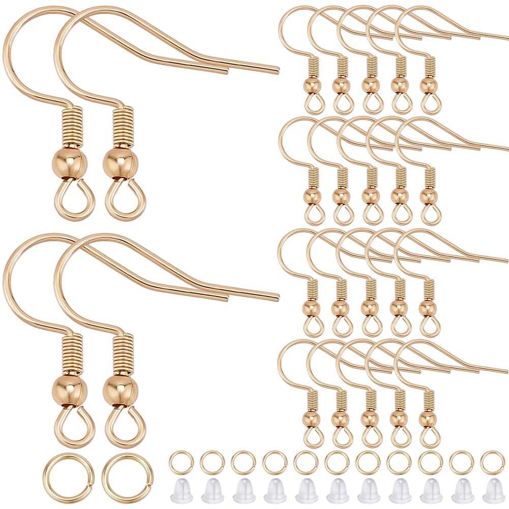 SOFPLATE 1 Box 150Pcs Real 18K Gold Plated Earring Wires Stainless Steel Earring Hooks Bulk French Fish Hook Accessories with Ear Nuts and Jump Rings Ball Dot for Jewellery Making Supplies