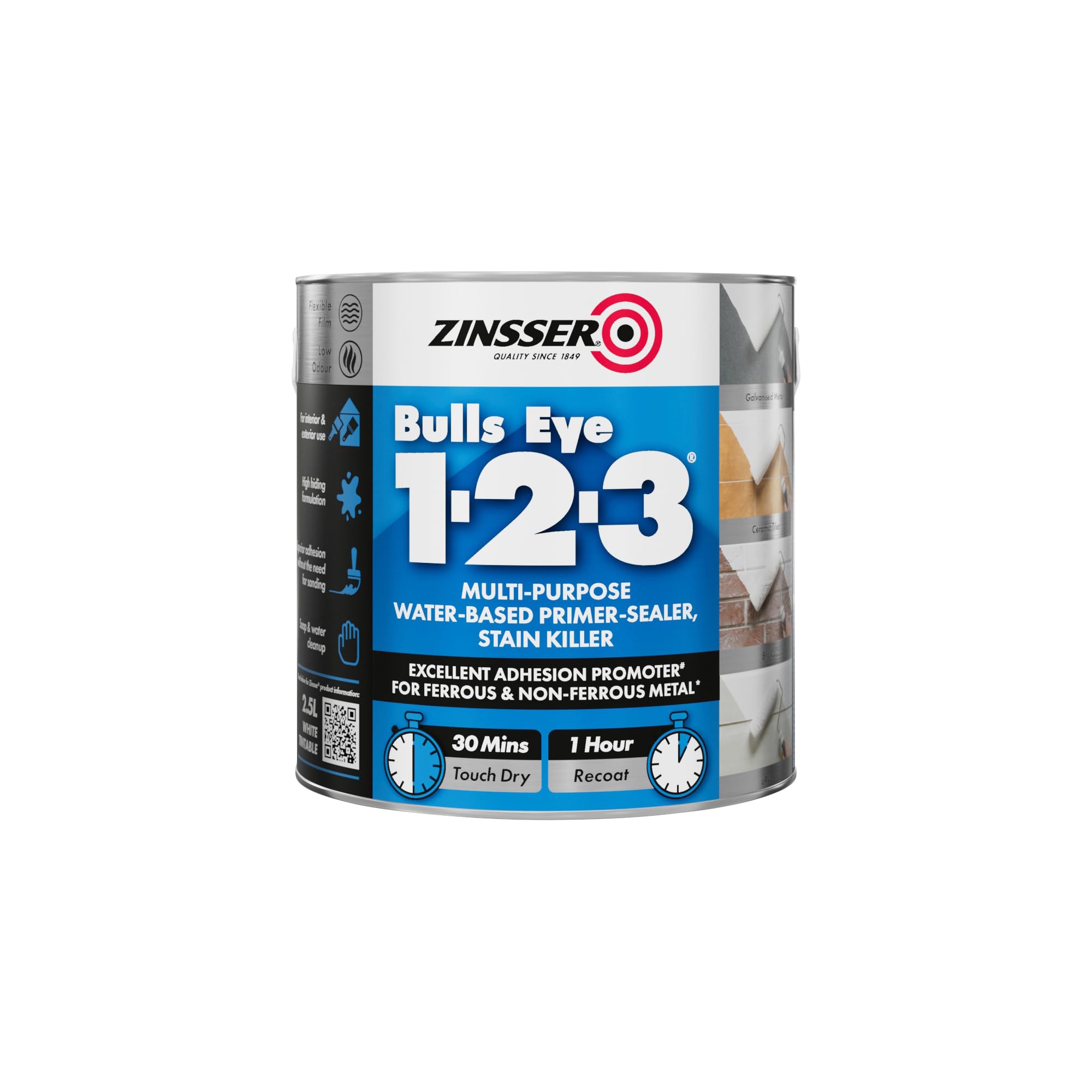 Zinsser Bulls Eye 1-2-3 Primer-Sealer & Stain Killer 2.5 litre Ready Mixed Colour - Grey