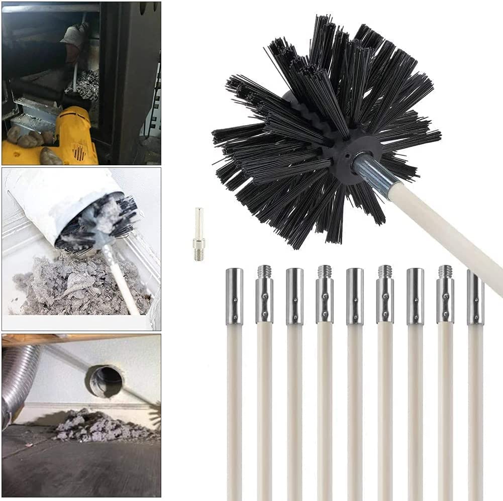 Chimney Cleaning Brush Kit, Btstil Chimney Sweep Kit Fireplace Cleaning Tools Kit for Duct Vent Cleaning Fireplace Flue, 9 Flexible Rods(410mm*100mm)+1 Brush Head+1 Hexagonal Rod
