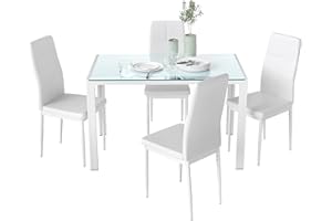HOMCOM Dining Table Set for 4, 5-Piece Rectangular Glass Kitchen Table and Chairs with Metal Frame and Faux Leather Upholster