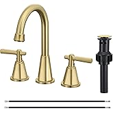 Damomo Bathroom Sink Faucet, Brushed Gold 8 Inch Widespread Bathroom Faucet for Sink 3 Hole, 2 Handle Faucet with Pop Up Drain and 2 Supply Hoses for RV Vanity