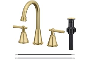 Damomo Bathroom Sink Faucet, Brushed Gold 8 Inch Widespread Bathroom Faucet for Sink 3 Hole, 2 Handle Sink Faucet with Pop Up Drain and 2 Supply Hoses for RV Bathroom Vanity