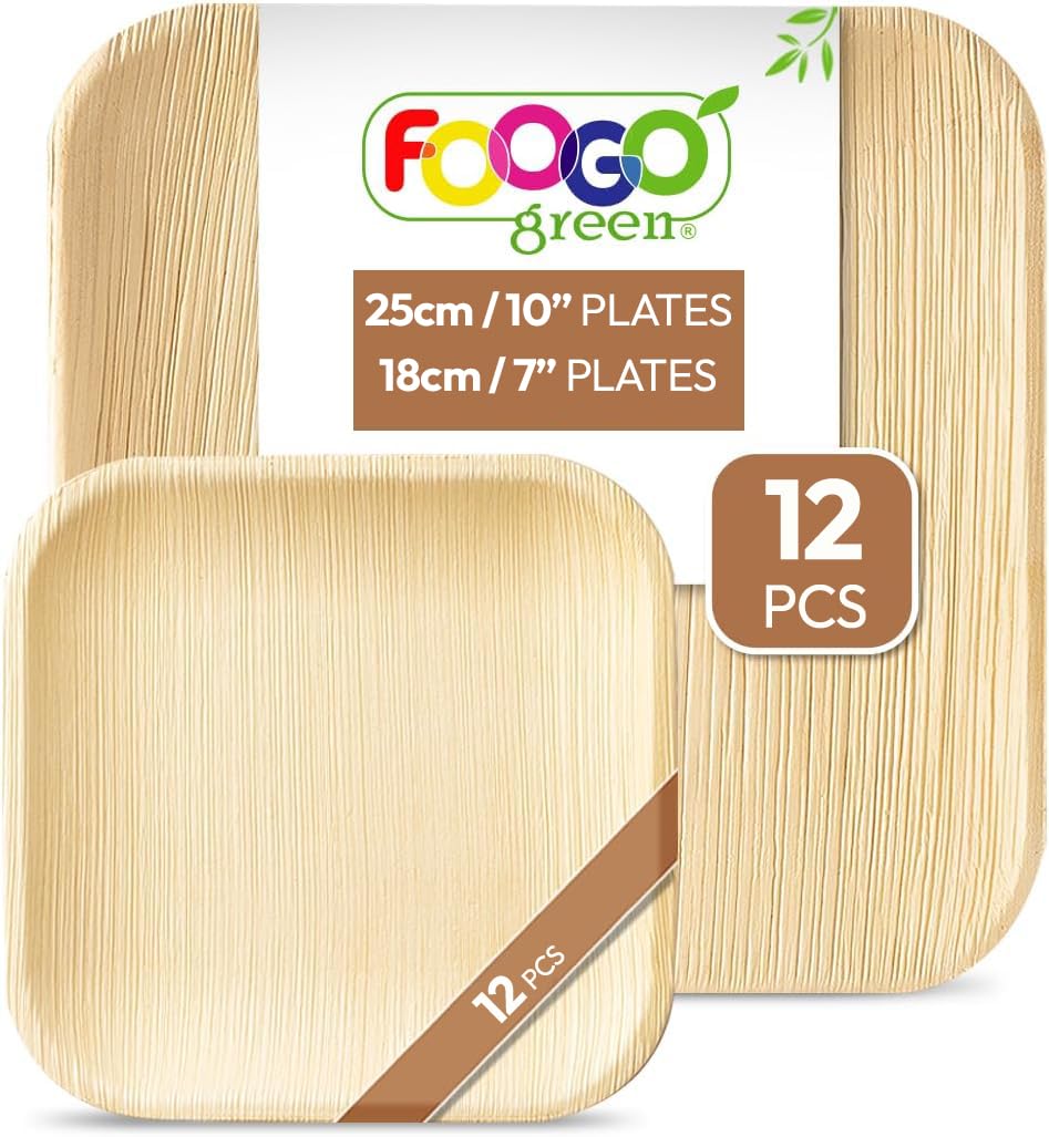 FOOGO Green 24pcs Disposable Palm Leaf Plate, 12x Large Square, 12x Small Side Plates, Like Disposable Bamboo, Strong Paper, Party Wedding, Eco Friendly Biodegradable