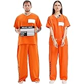 Prisoner Costume Men Women, Orange Jumpsuit with Handcuffs, Mug Shot Sign & Number Stickers, Inmate Costume for Halloween