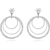 Vintage Silver 3 Layered Circle Drop Dangle Earrings for Women, Hypoallergenic Cubic Zirconia Silver and 14K Gold Plated Jewelry CZ Studs Boho Dangle Earrings for Jewelry Gifts