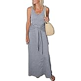 Evzeiem Women's Summer Maxi Tshirt Dress Tie Waist Casual Slim Fit Sleeveless Tank Long Beach Dresses