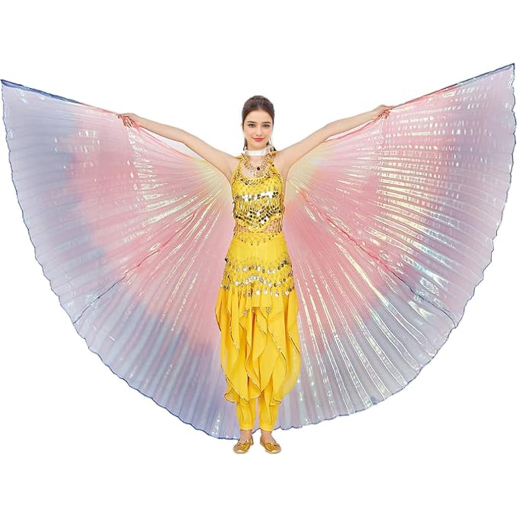 Leemiman Women Belly Dance Opening Wings for Halloween Christmas Party Professional Belly Dance Costume Wings with Sticks (Rainbow)