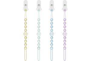 Iwooduubb Silicone Pacifier Clip Holder with One-Piece Beads, 4 Packs Soft Flexible and Rust-Free Binky Pacifiers Clips for Teething Relief Baby Essentials Accessories, Safe for Boy and Girl