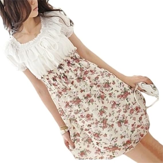 Amazon F0640re0643 花柄 切り替え シフォン ワンピース ドッキング ハイウエスト デート 通学 大学 ミニタオル セット レッド ワンピース チュニック 通販