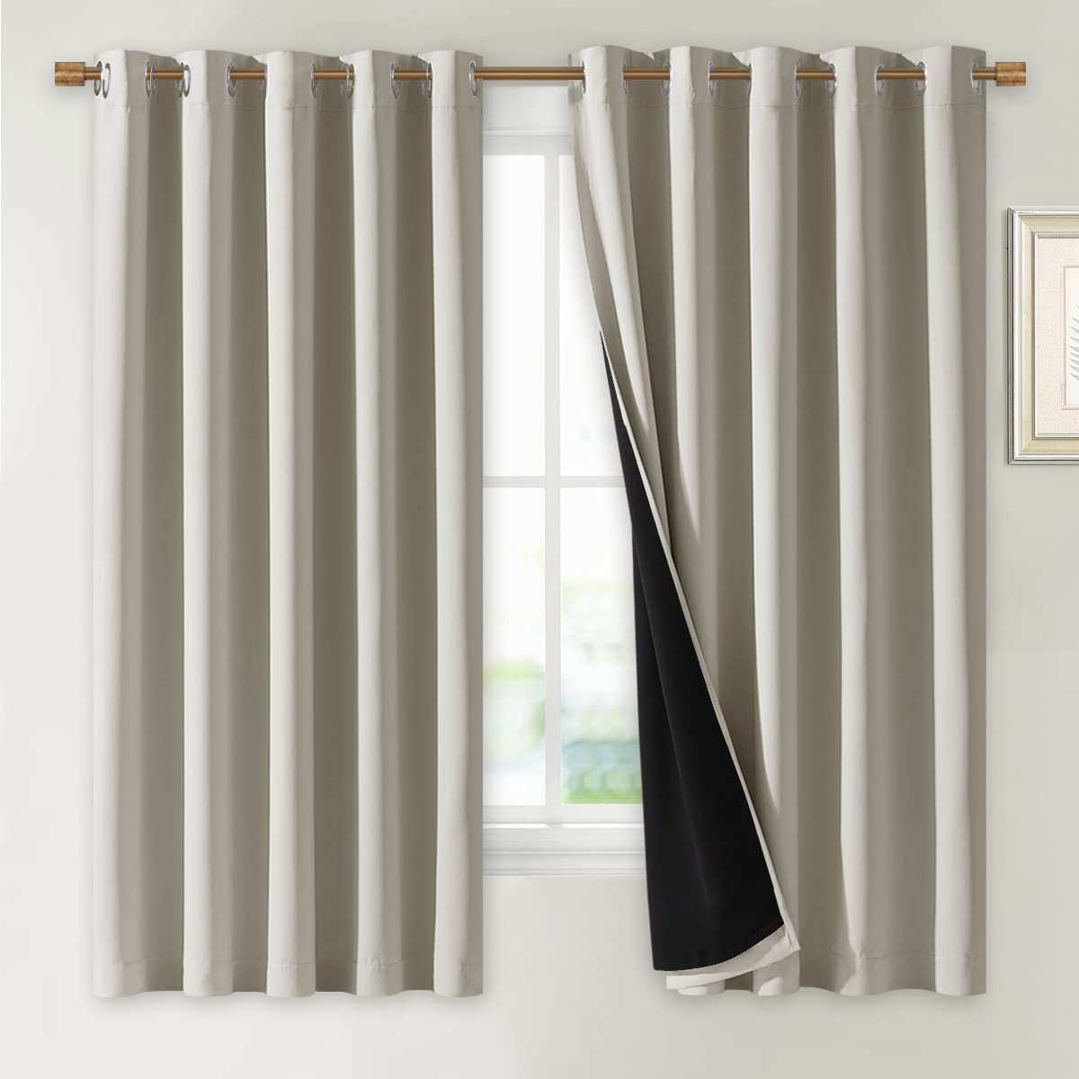 Photo 1 of NICETOWN Natural 100% Blackout Lined Curtains, 2 Thick Layers Completely Blackout Window Treatment Thermal Insulated Drapes for Kitchen/Bedroom (1 Pair, 70 inches Width x 63 inches Length Each Panel)