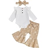 CEHEDDO Newborn Baby Girl Fall Clothes Ruffle Romper Long Sleeve Onesie Daisy Print Flared Pants Set Headband Clothes Set