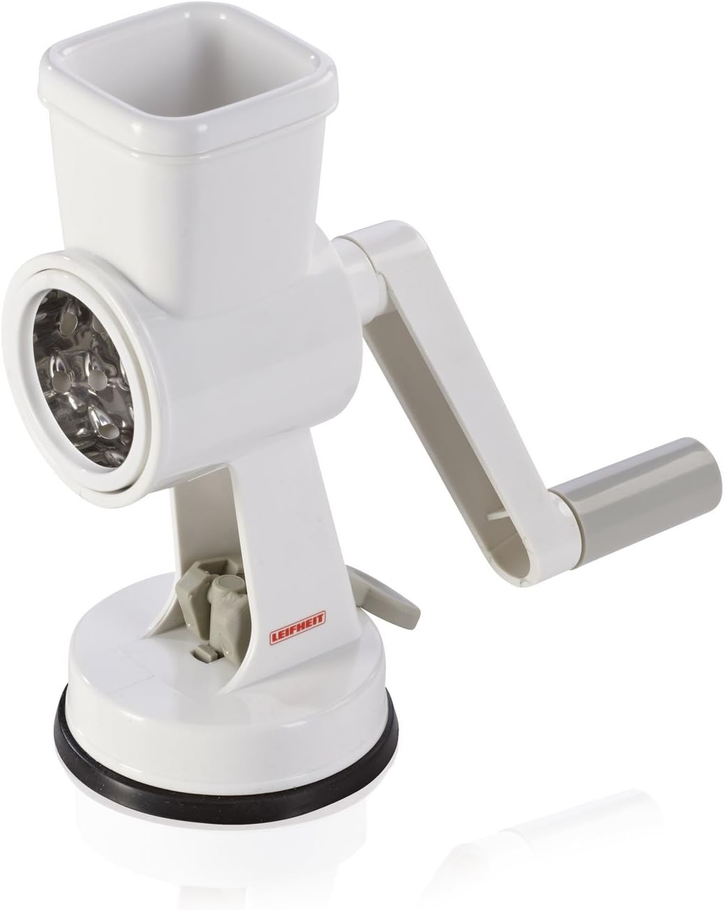 Leifheit Trommelreibe mit 3 auswechselbaren Klingen zum Raspeln und Schneiden, Gemüsereibe, Nussmühle, feines und grobes Mahlen, rutschsichere Parmesanreibe mit Kurbel, Reibemaschine, Mandelmühle