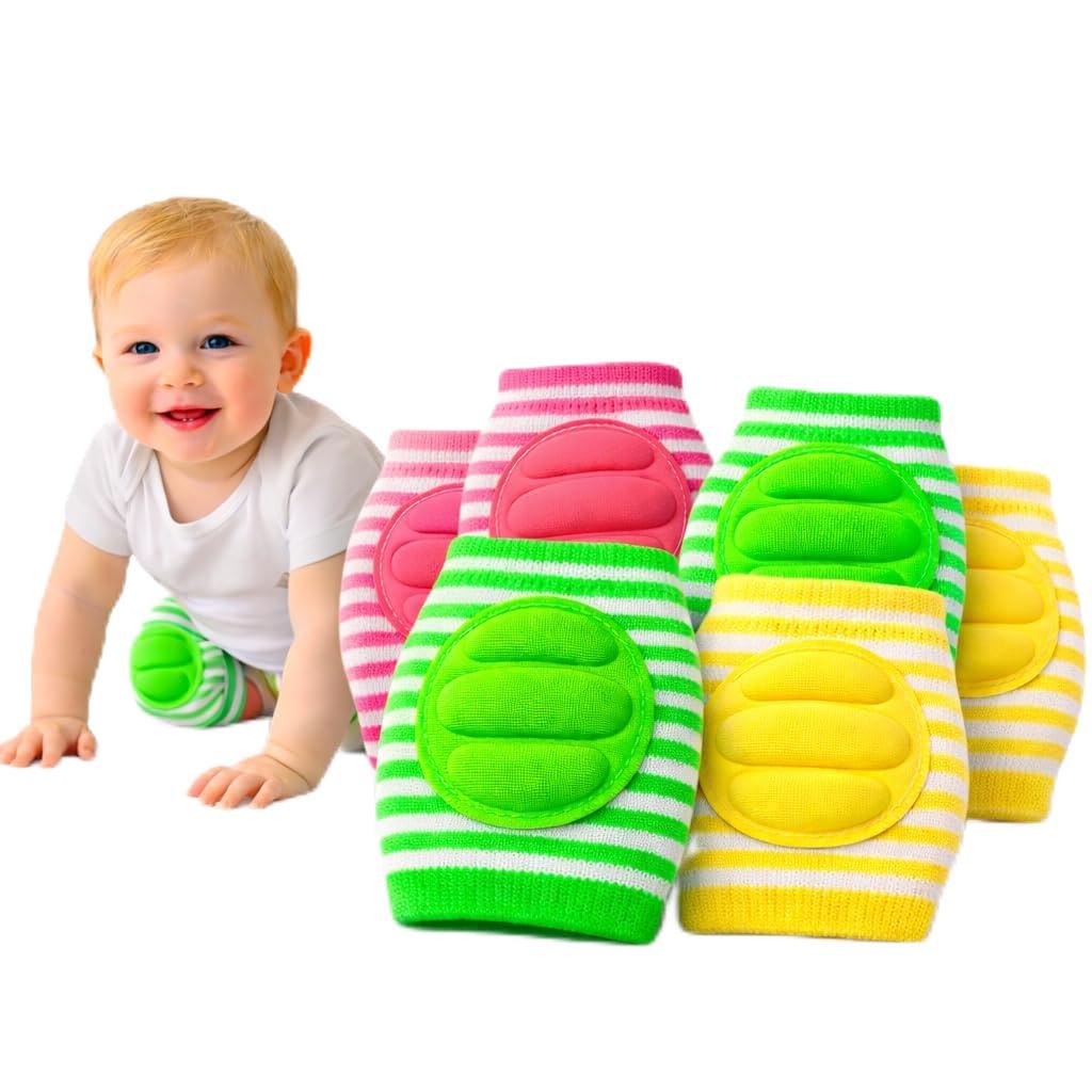 Adalex Global Baby Knee Pads for Crawling - 3 Pairs unisex Baby Knee Pads, Toddler for Protection Toddlers Elastic Anti-Slip Breathable Knee Protector Baby Toy 0-6 6-12 months (Pink, Green & Yellow)