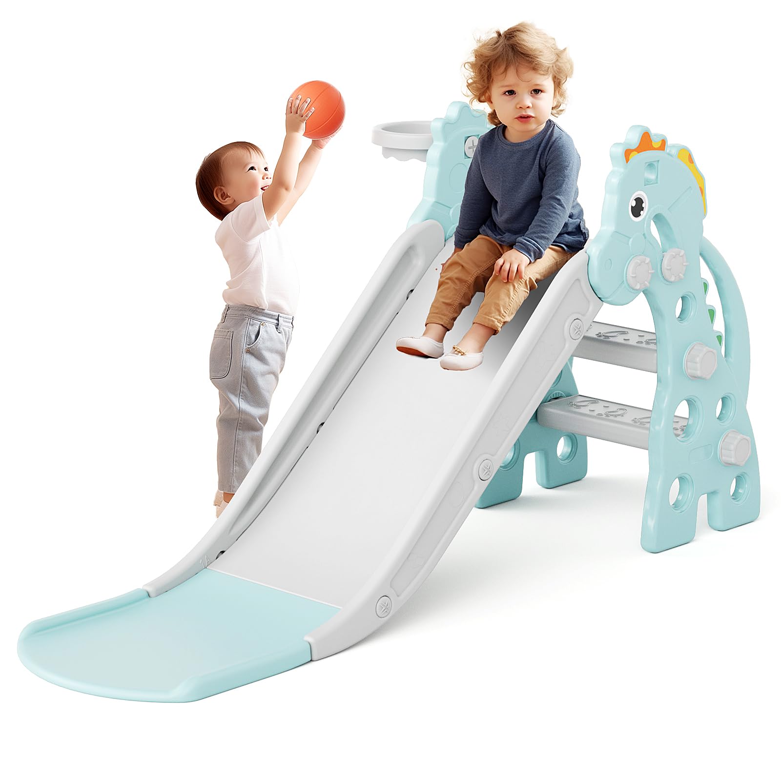 67i Toddler Slide for Indoor & Outdoor Play with Basketball Hoop, Anti-Slip Steps, 46.8in Baby Climber (Green)