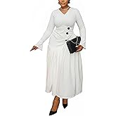 Fooullaide Women's Pleated Midi Dress Elegant V-Neck Bell Sleeve Ruched A-Line Dress for Wedding Guest, Office & Party