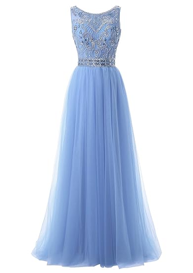 Callmelady Hoher Hals Tüll Abendkleider Lang Elegant für Hochzeit Ballkleider Damen mit Schlüsselloch Zurück