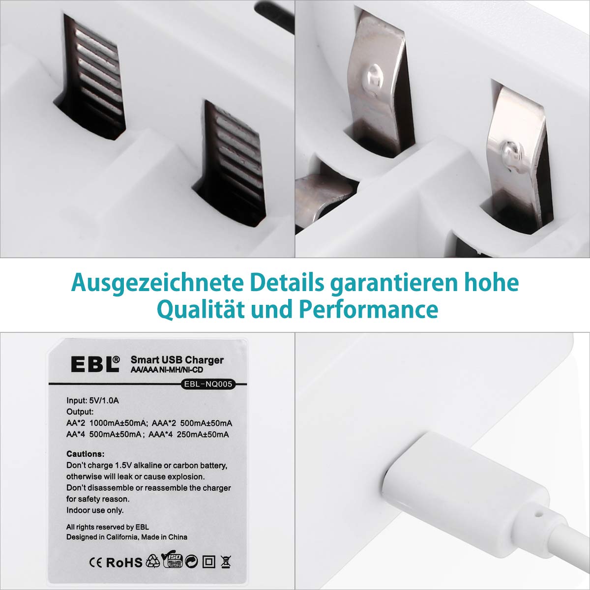 EBL AA AAA Intelligente Akku Ladegerät (4x Stecker) Batterieladegerät für Ni-MH Ni-CD Wiederaufladbare Akku Batterien mit LED-Anzeige
