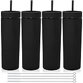 Volhoply 20oz Plastic Skinny Tumblers Bulk 4 Pack,Double Wall Tumbler with Lid and Straw,Reusable Travel Iced Coffee Mug,BPA Free Matte Acrylic Water Cups With Straw for Party,DIY Gifts(Black,4 Set)