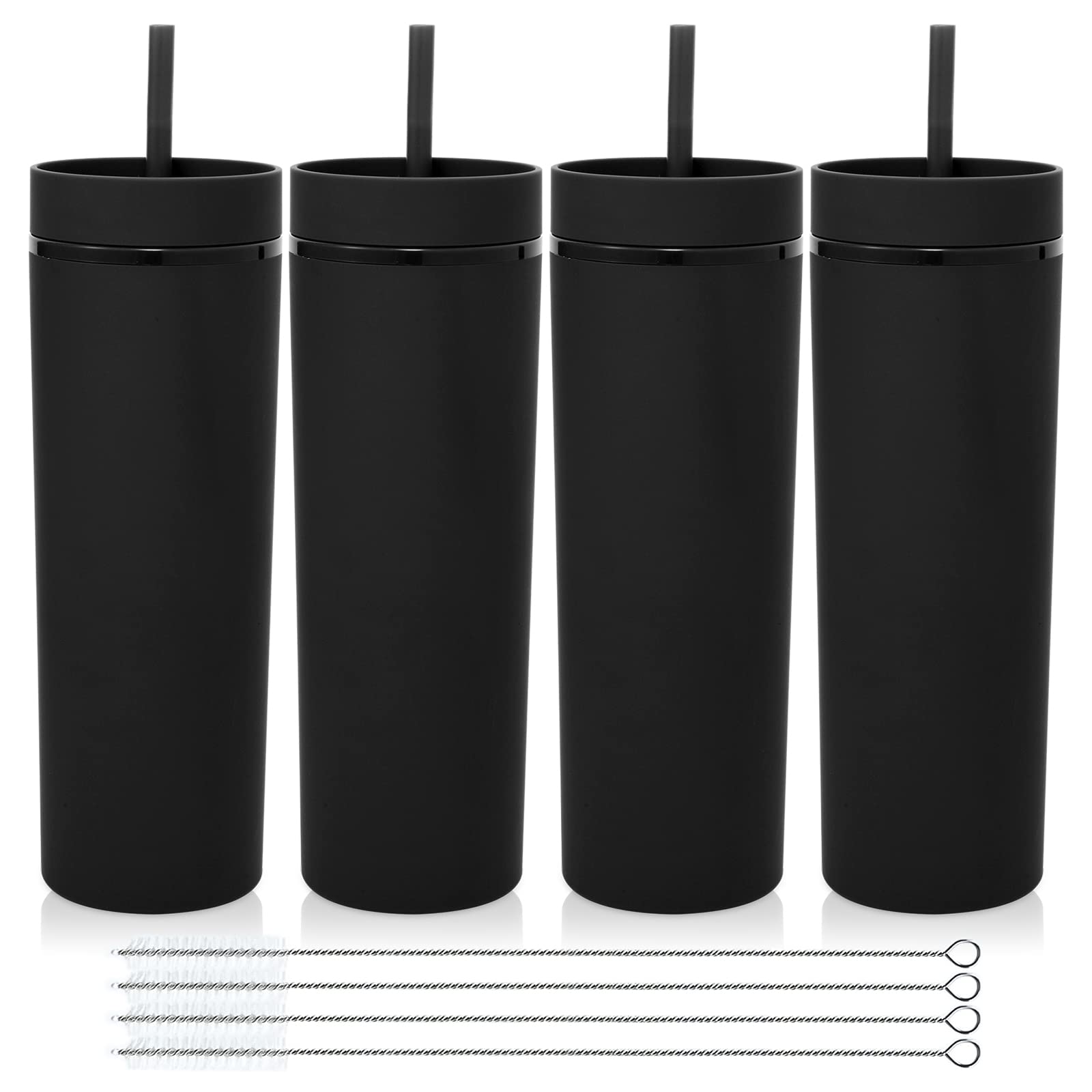 Volhoply 20oz Plastic Skinny Tumblers Bulk 4 Pack,Double Wall Tumbler with Lid and Straw,BPA Free Matte Acrylic Water Cups for Parties(Black,4 Set)